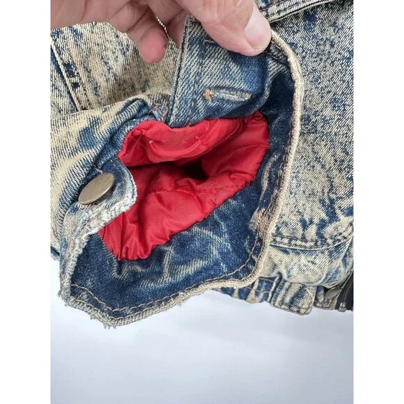 VTG Hill & Archer Trucker Jacket Acid Wash Denim Leather Collar‎ Mens XL Zip
